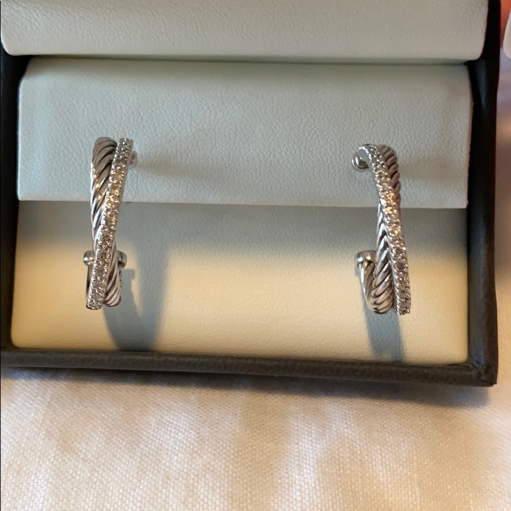 David Yurman Silver Crossover Hoops w/ Diamonds